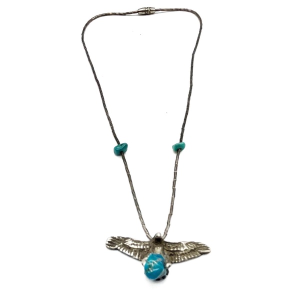 Liquid Silver Flying Eagle with Turquoise Choker Necklace Southwest Jewelry - Picture 1 of 2